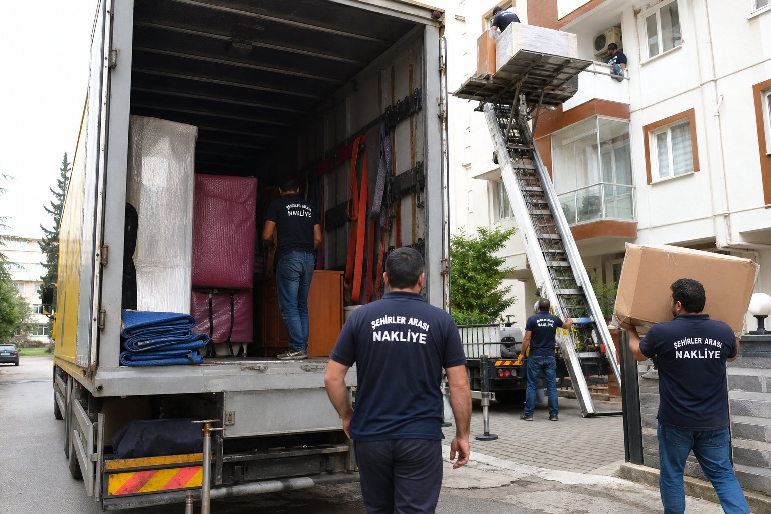 Apartman cephesinde mobilya asansoru destekli tasima