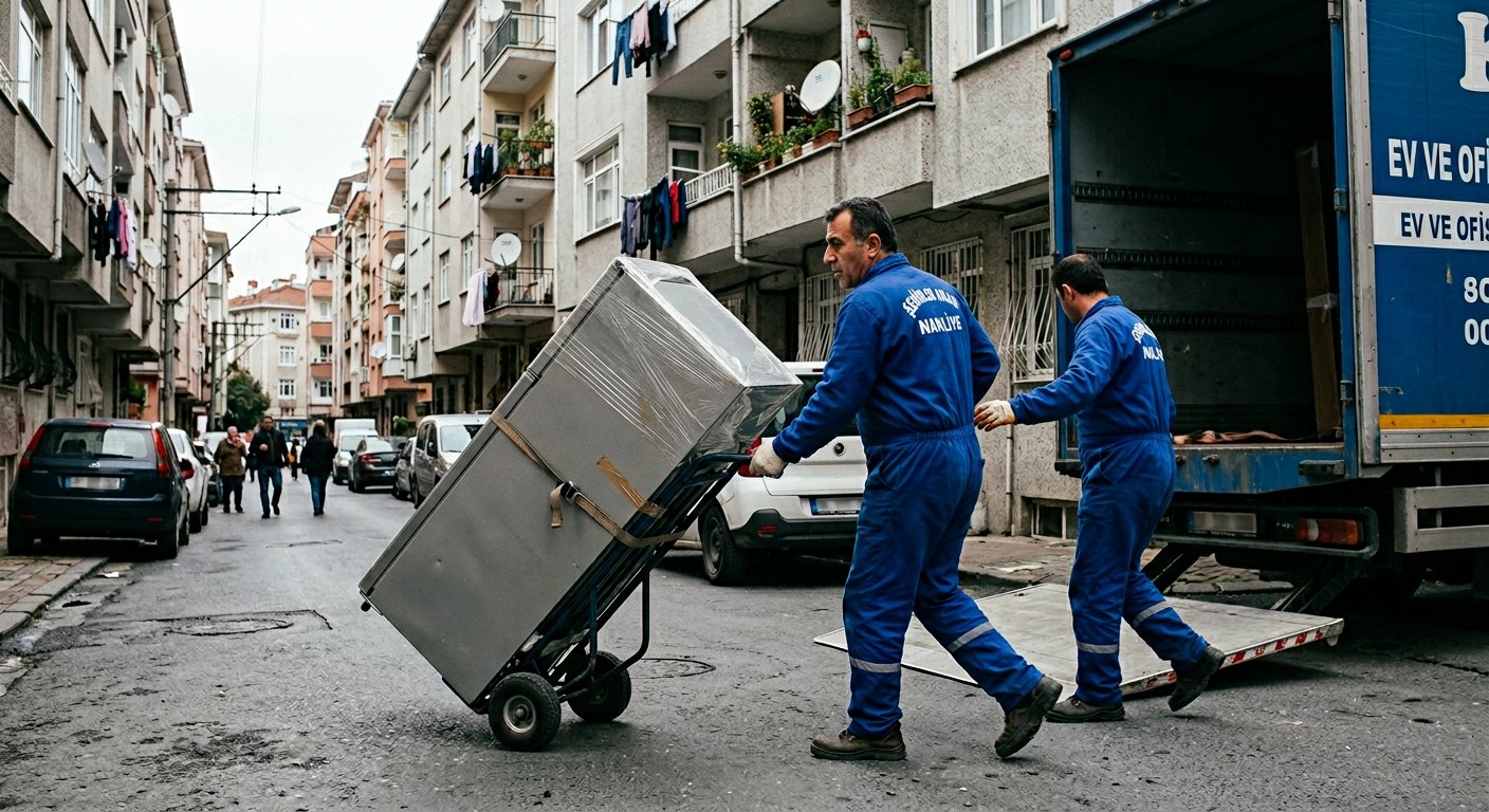 Beyaz esyayi el arabasiyla kamyona yukleme