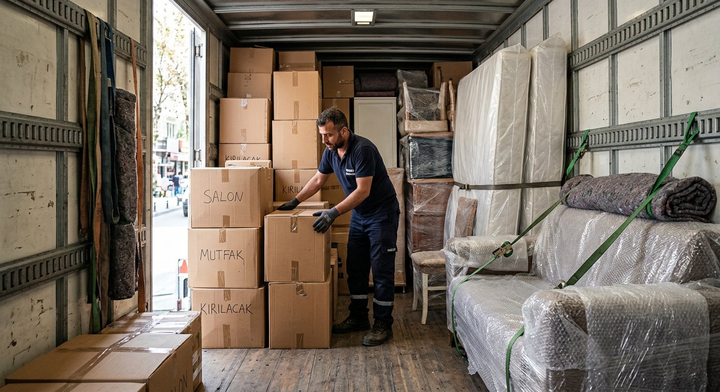 Koridorda paketlenmis ev esyalari